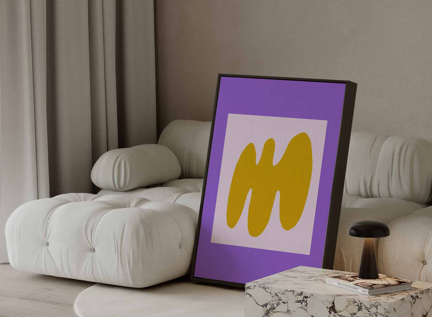 Abstracte Gele Golf op Paarse Achtergrond Kunstwerk-canvas-dibond-plexiglas-wanddecoratie-WallArtistic