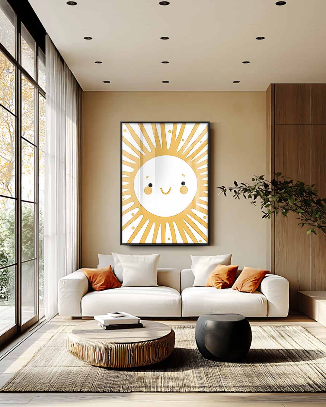 Stralende Zon Met Vrolijk Gezichtje Kunstwerk-canvas-dibond-plexiglas-wanddecoratie-WallArtistic