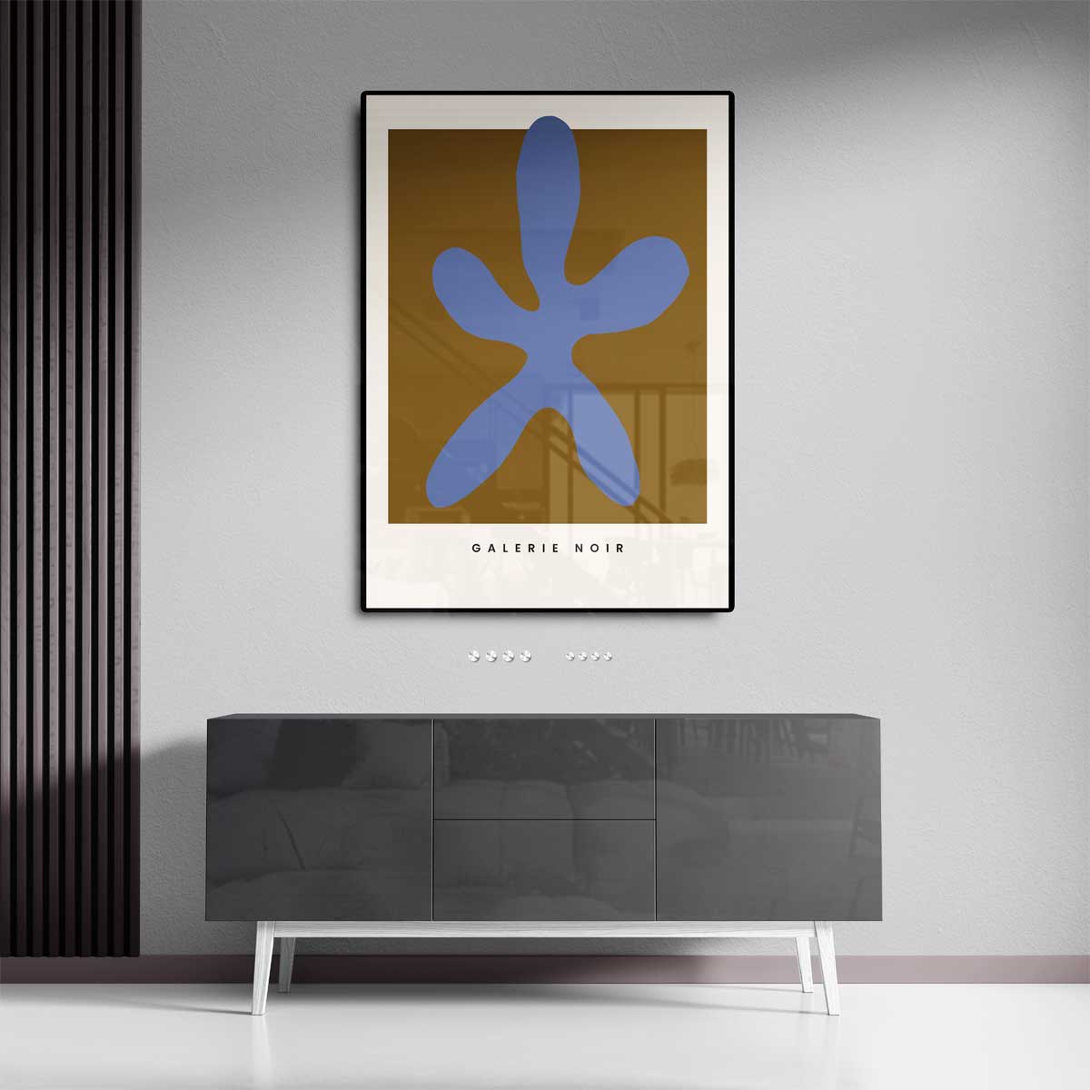 Blauwe Abstracte Vormen op Oker Kunstwerk-canvas-dibond-plexiglas-wanddecoratie-WallArtistic