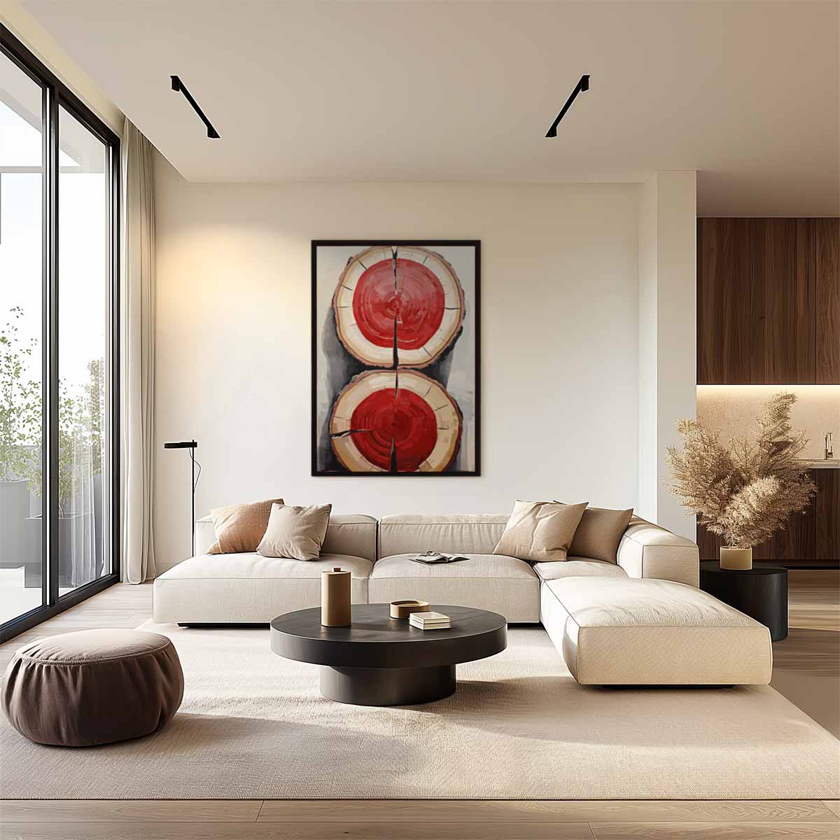 Houtschijven met Knallend Rood Kunstwerk-canvas-dibond-plexiglas-wanddecoratie-WallArtistic