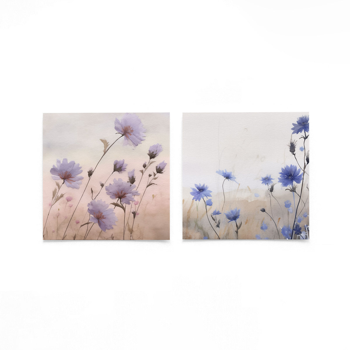 Twee vierkante posters met blauwe korenbloemen op een gebroken witte achtergrond