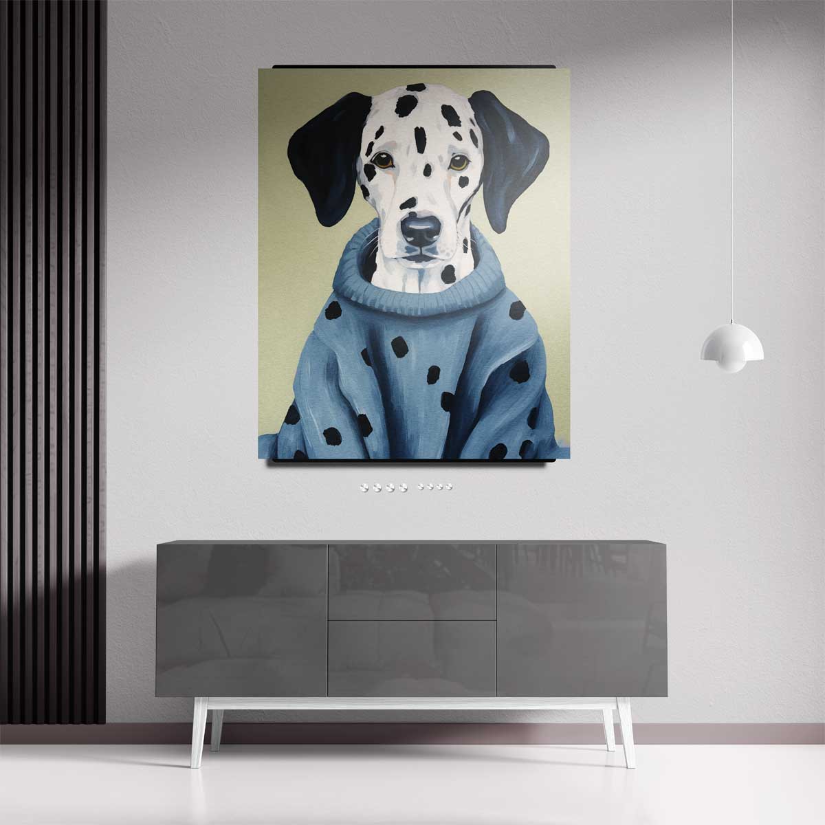 Stijlvolle Dalmatiër in Blauwe Trui Kunstwerk-canvas-dibond-plexiglas-wanddecoratie-WallArtistic