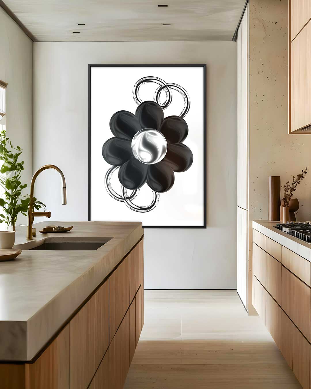 Bloem in Zilver en Zwart Kunstwerk-canvas-dibond-plexiglas-wanddecoratie-WallArtistic