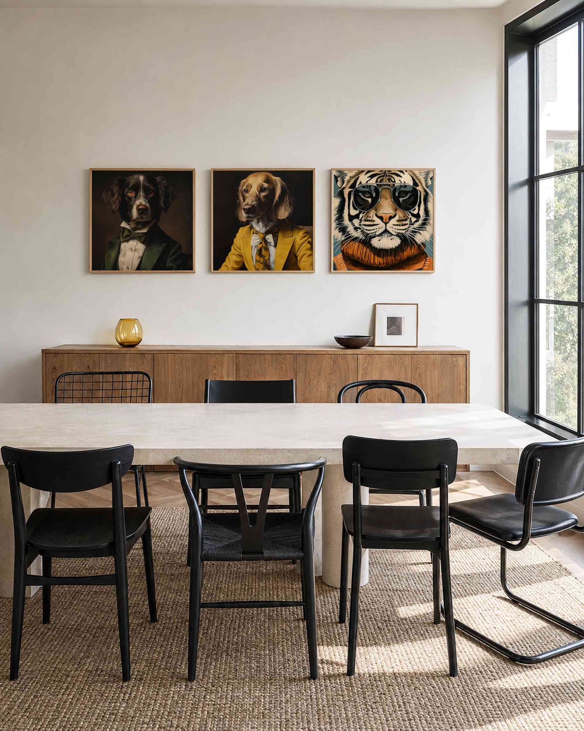 Interieurpresentatie van een driedelige vierkante posterset met dieren in kostuum
