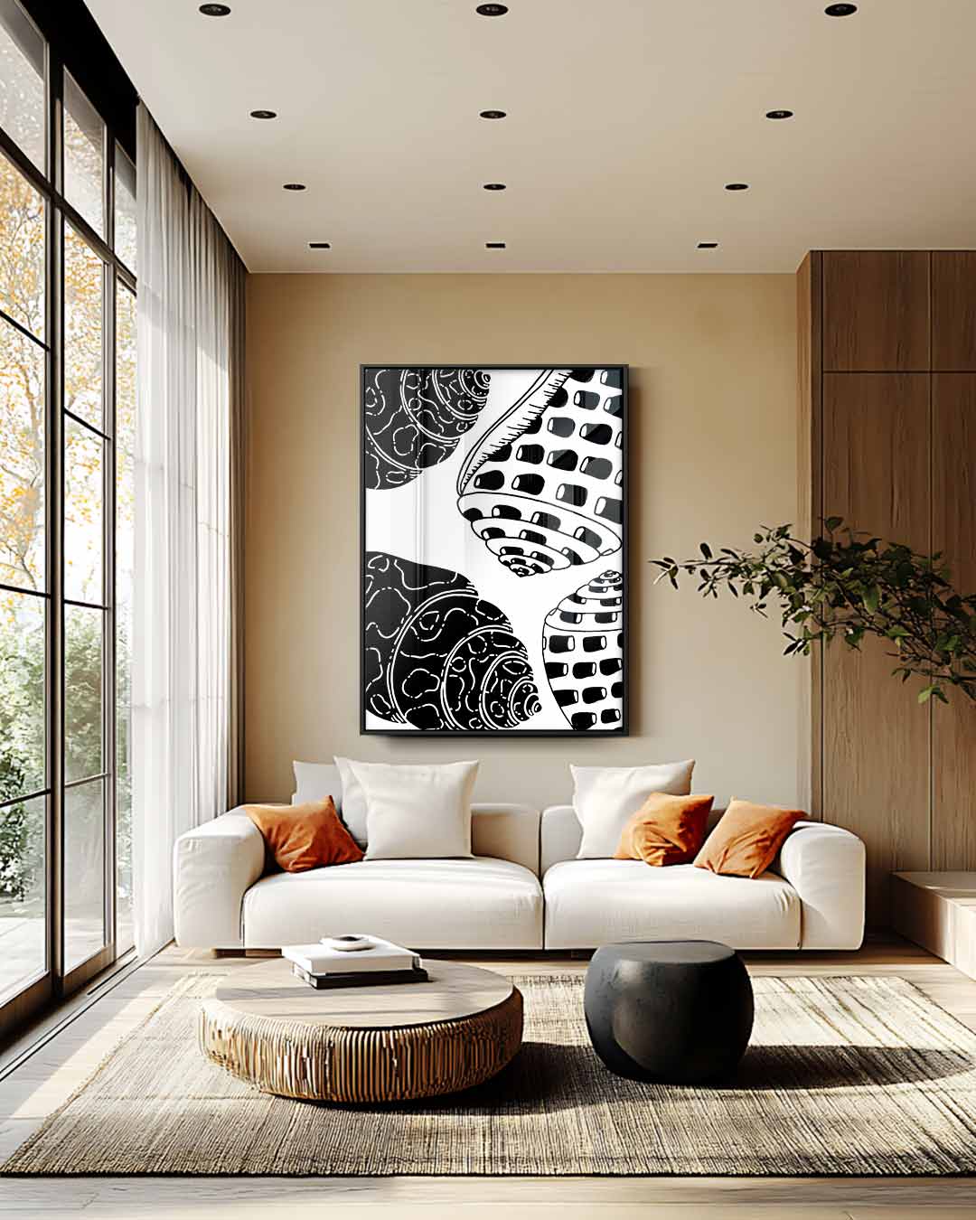 Schelpenpatroon in Zwart-Wit Kunstwerk-canvas-dibond-plexiglas-wanddecoratie-WallArtistic