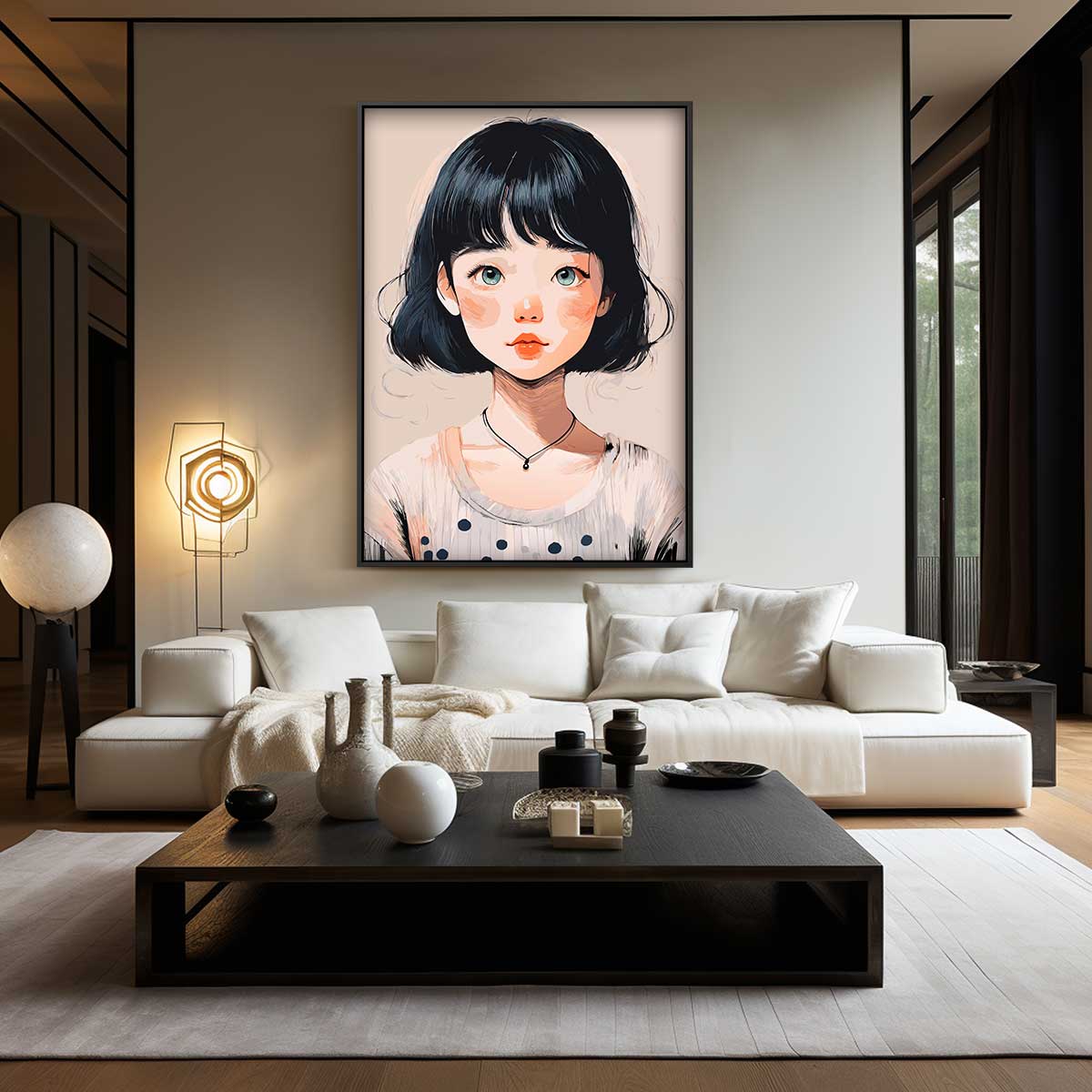 Meisje met Zwarte Boblijn Kunstwerk-canvas-dibond-plexiglas-wanddecoratie-WallArtistic
