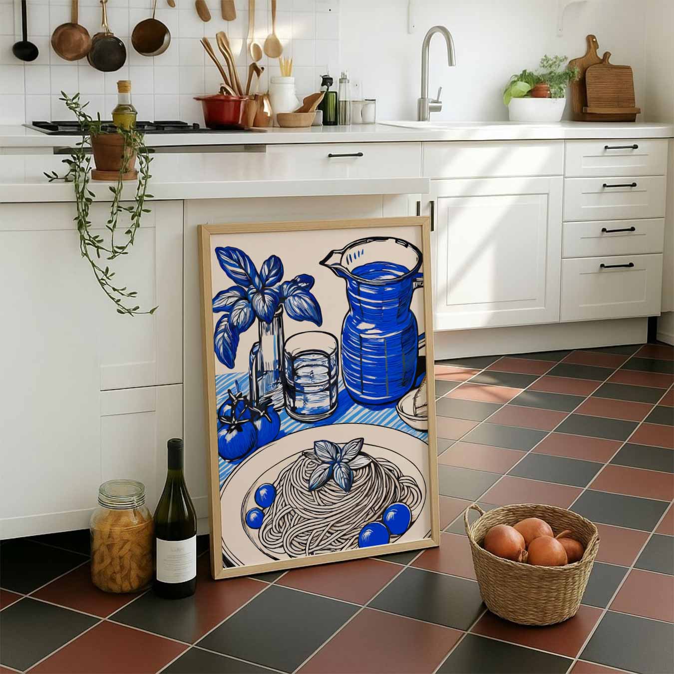 Stijlvolle Keukenposter met Blauwe Accenten Poster