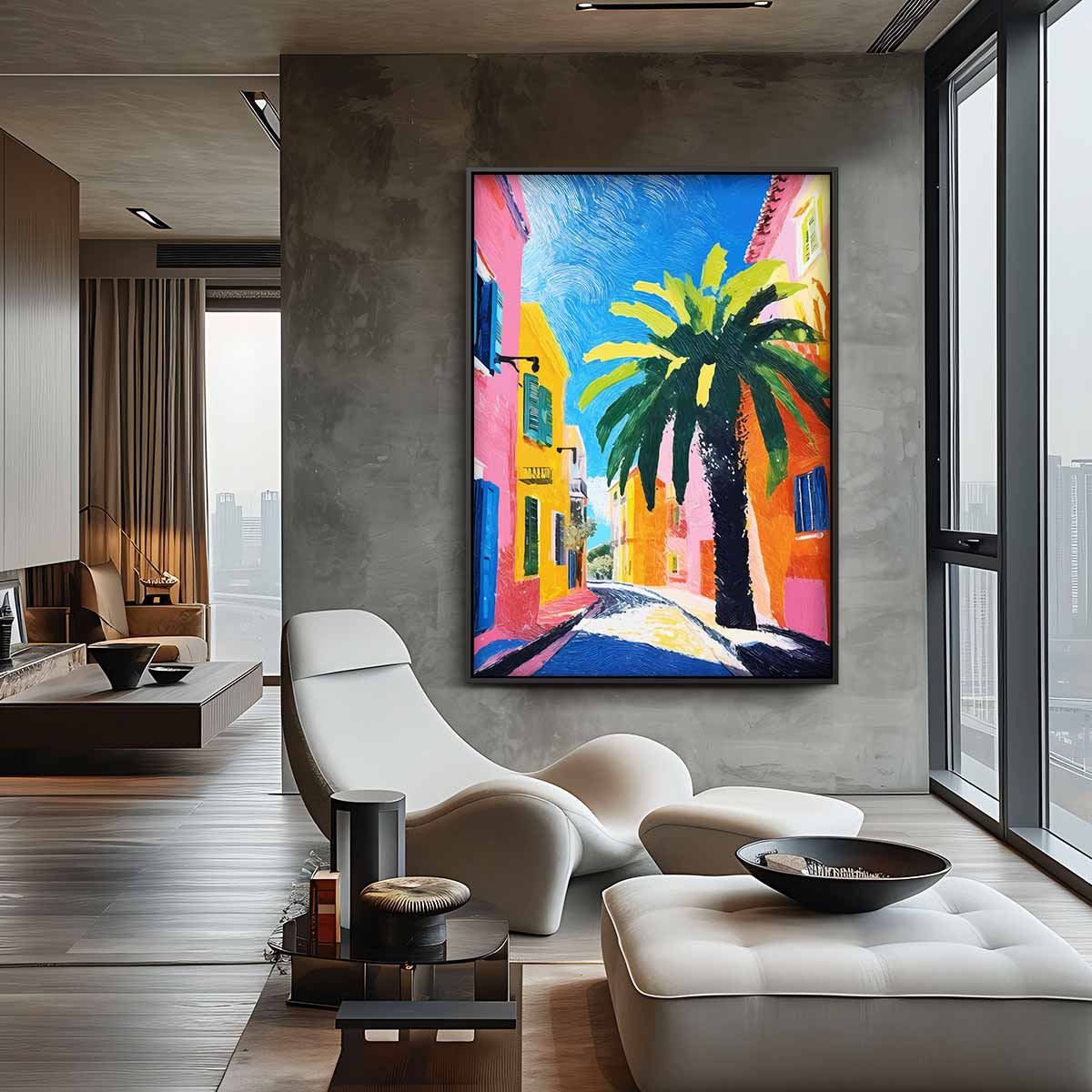 Zomerse Straat met Palmboom Kunstwerk-canvas-dibond-plexiglas-wanddecoratie-WallArtistic
