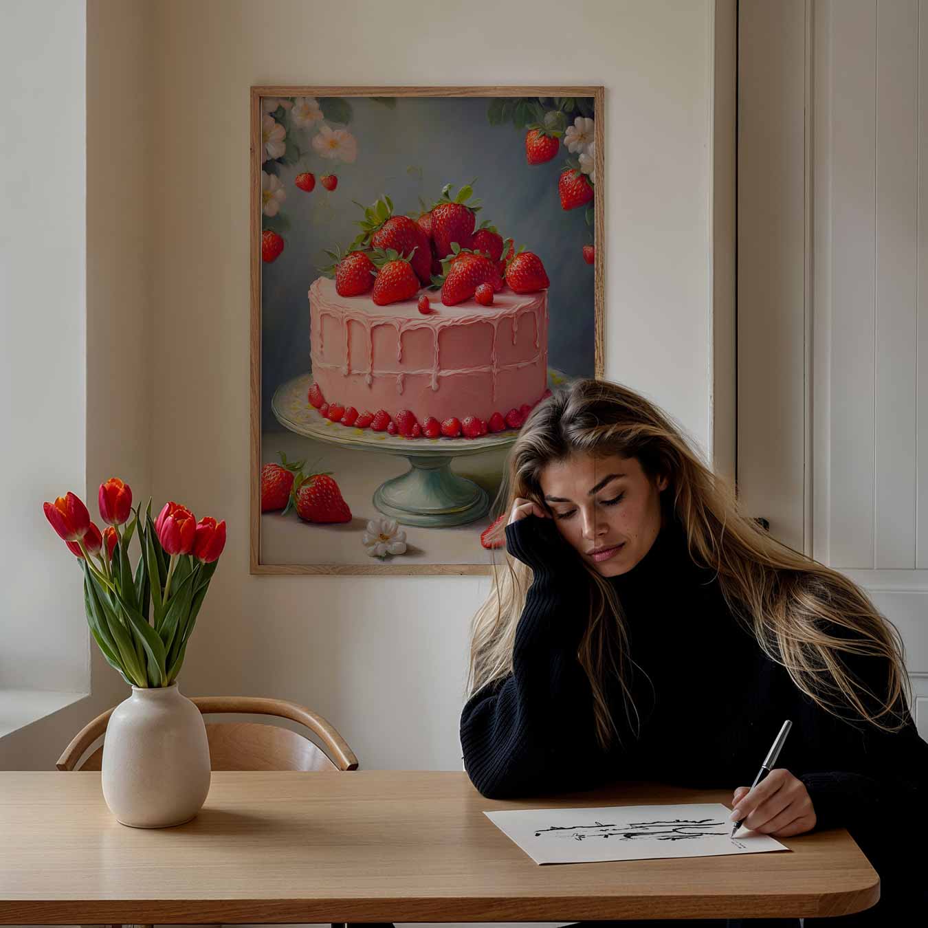 Aardbeientaart Met Bloemen Poster