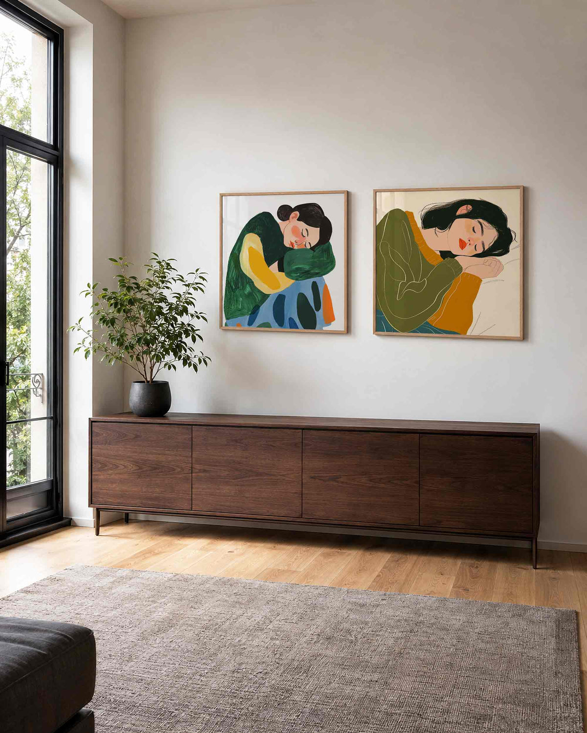 Interieurpresentatie van een tweedelige vierkante posterset met slapende vrouwen
