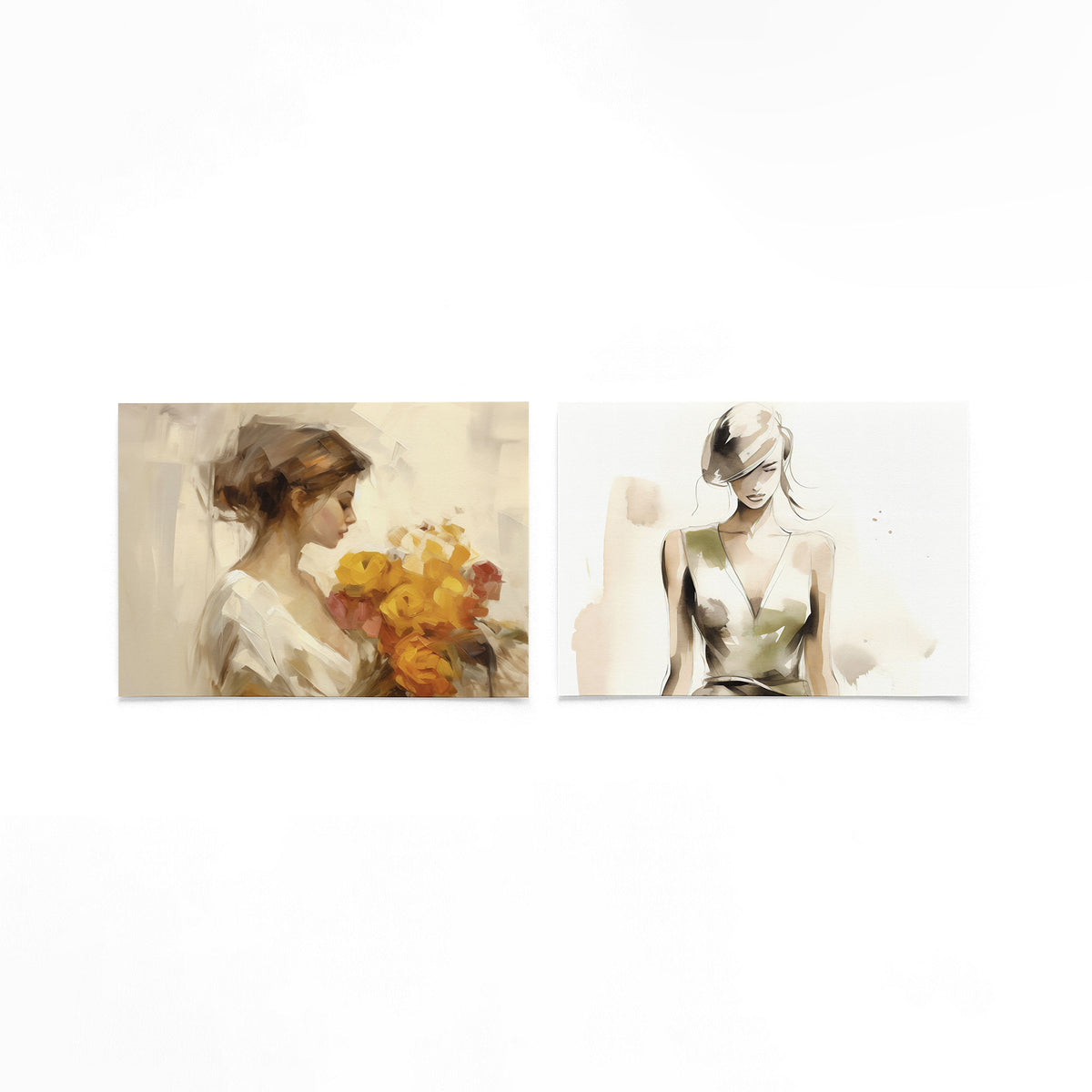Twee liggende posters met een vrouw in profiel met een boeket van gele en oranje bloemen op een gebroken witte achtergrond