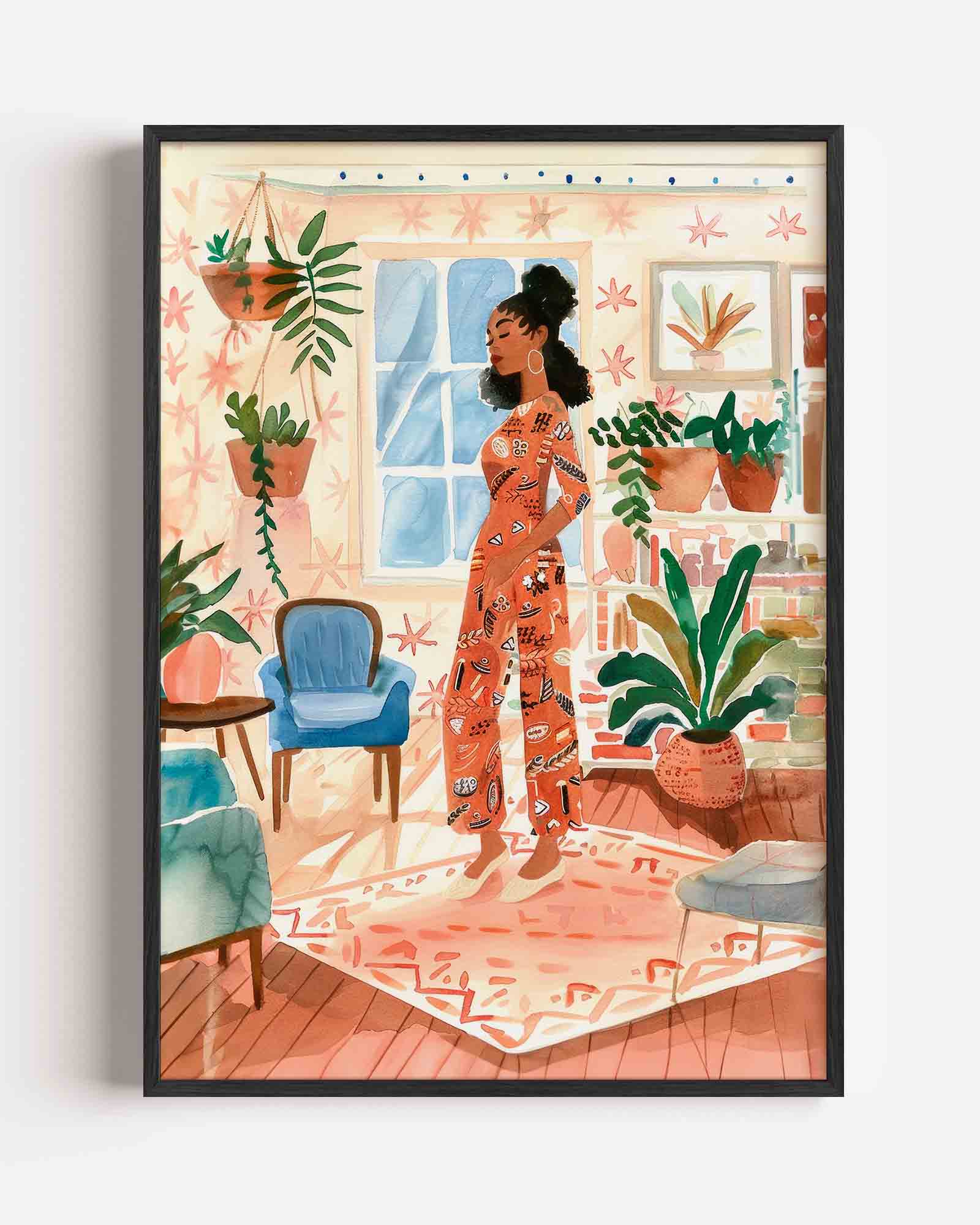 Vrouw in kleurrijke kamer Poster