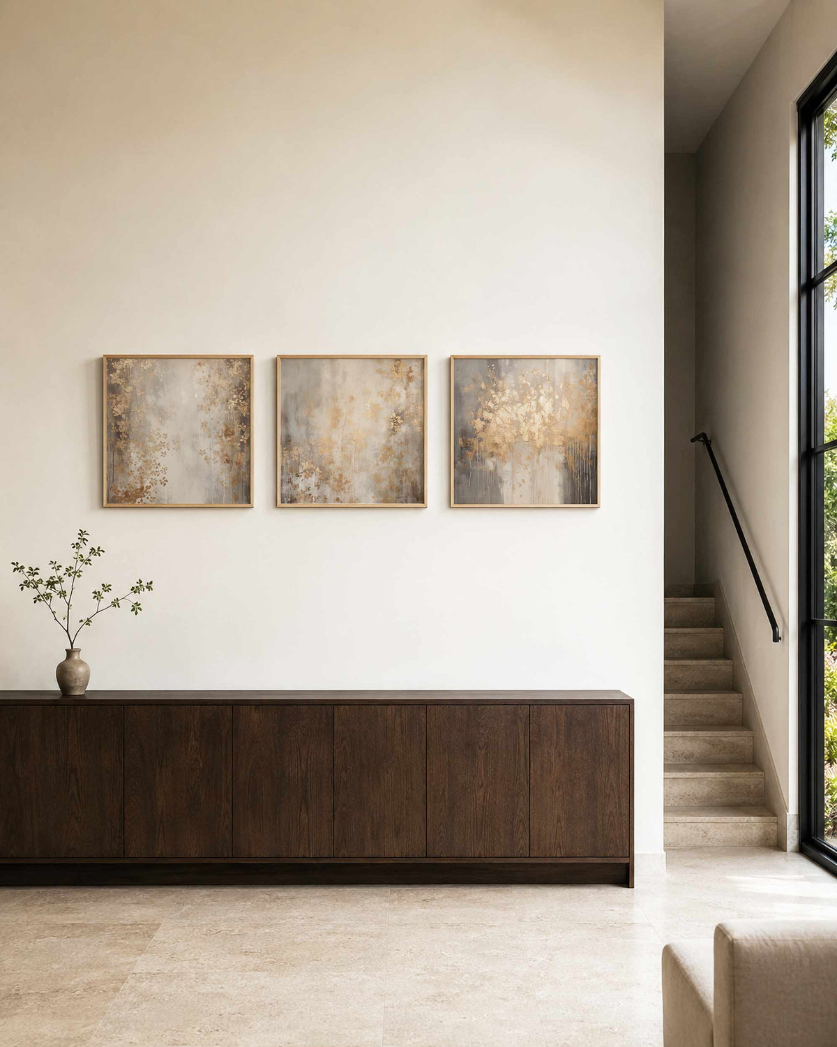 Interieurpresentatie van een driedelige vierkante posterset met abstracte gouden bloesem