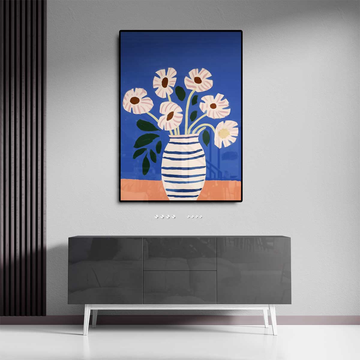 Stralende Bloemen in Gestreepte Vaas Kunstwerk-canvas-dibond-plexiglas-wanddecoratie-WallArtistic