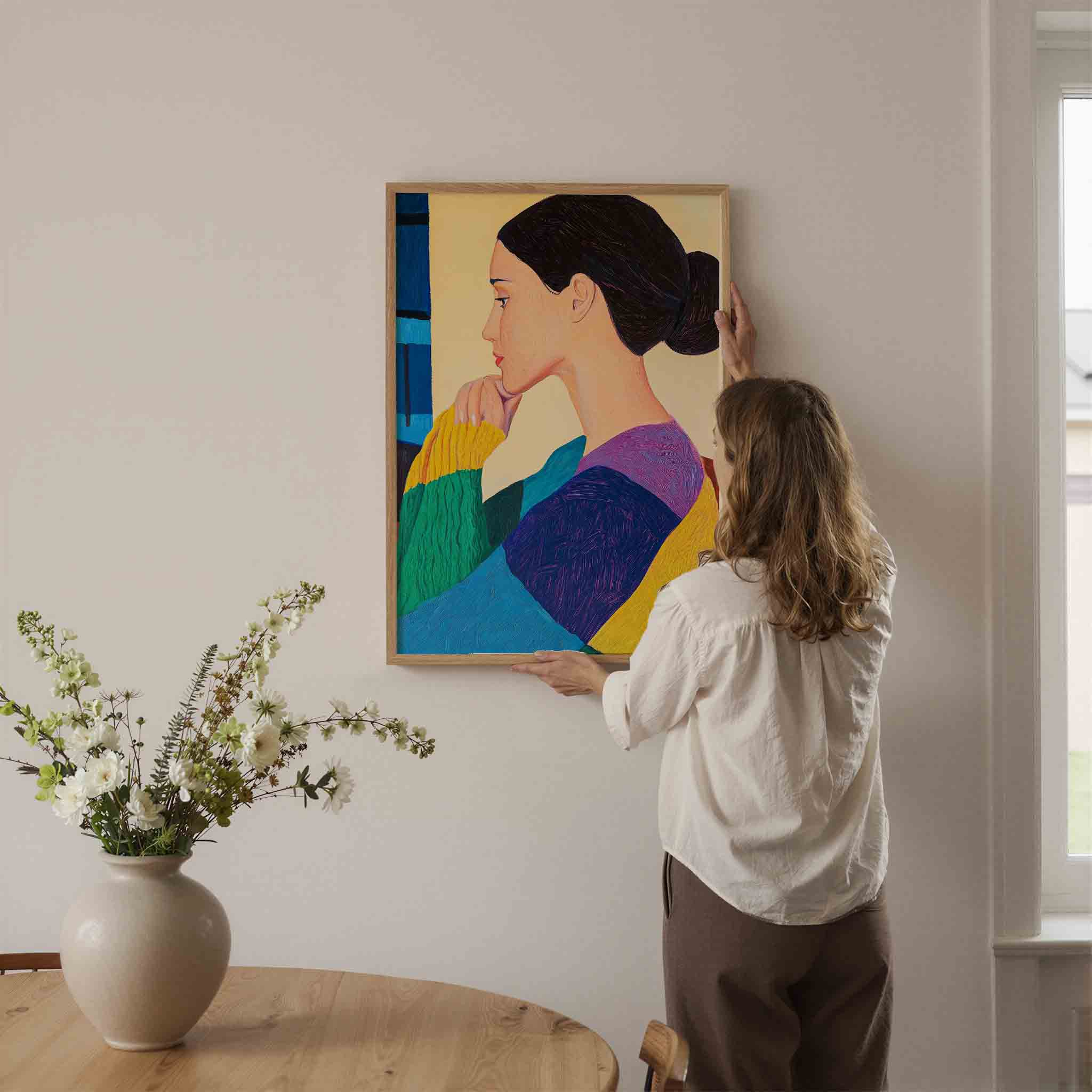 Vrouw in kleurrijke trui Poster