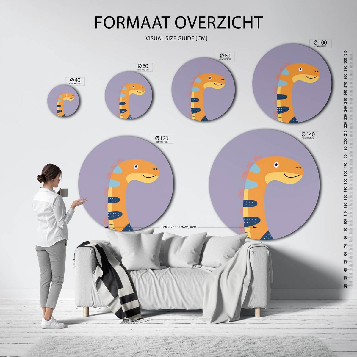 Oranje dinosaurus Muurcirkel – extra productweergave – Een oranje dinosaurus met blauwe en gele accenten op een paarse