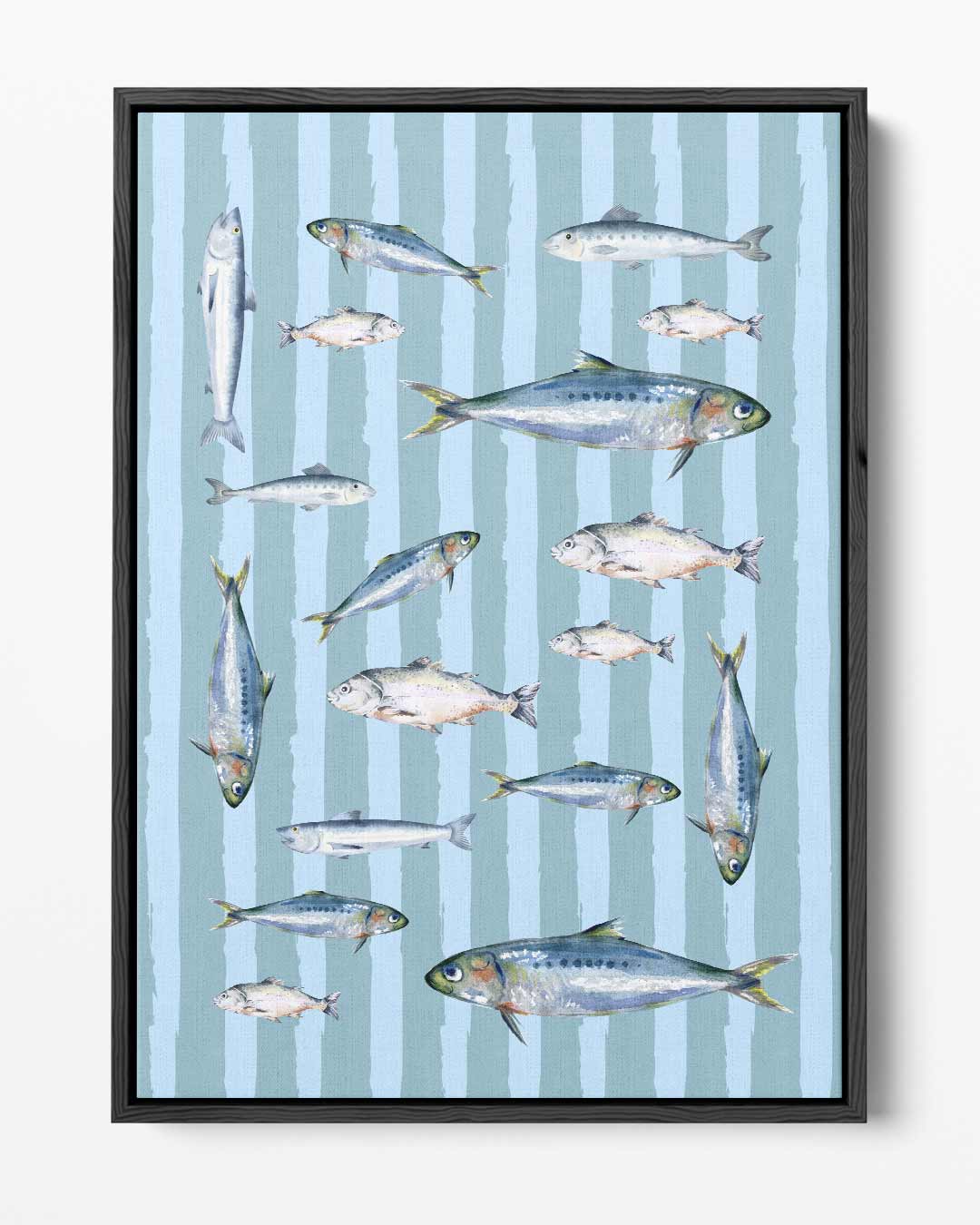 Speelse Visjes op Blauwe Strepen Kunstwerk-canvas-dibond-plexiglas-wanddecoratie-WallArtistic