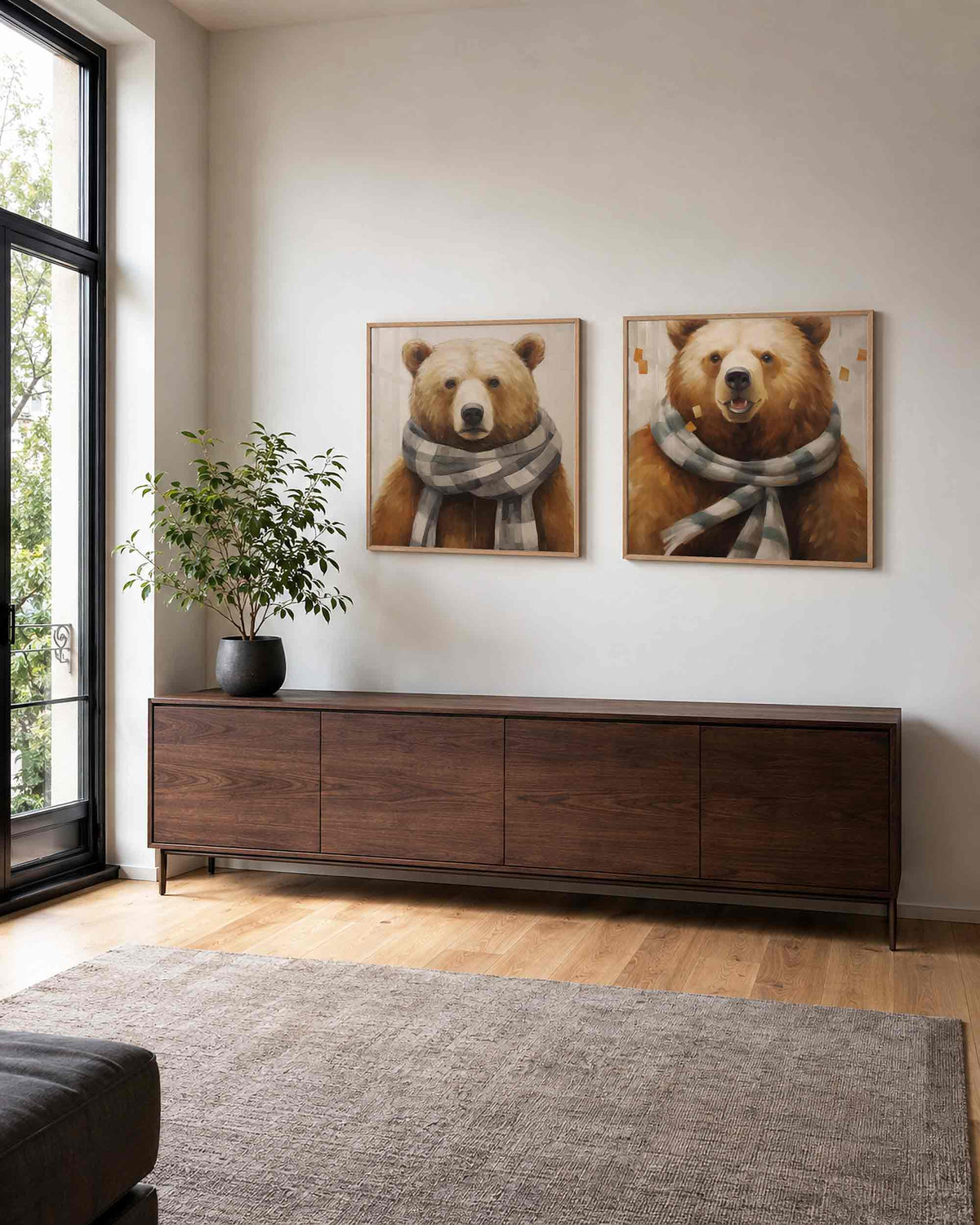 Interieurpresentatie van een tweedelige vierkante posterset met beren met sjaal