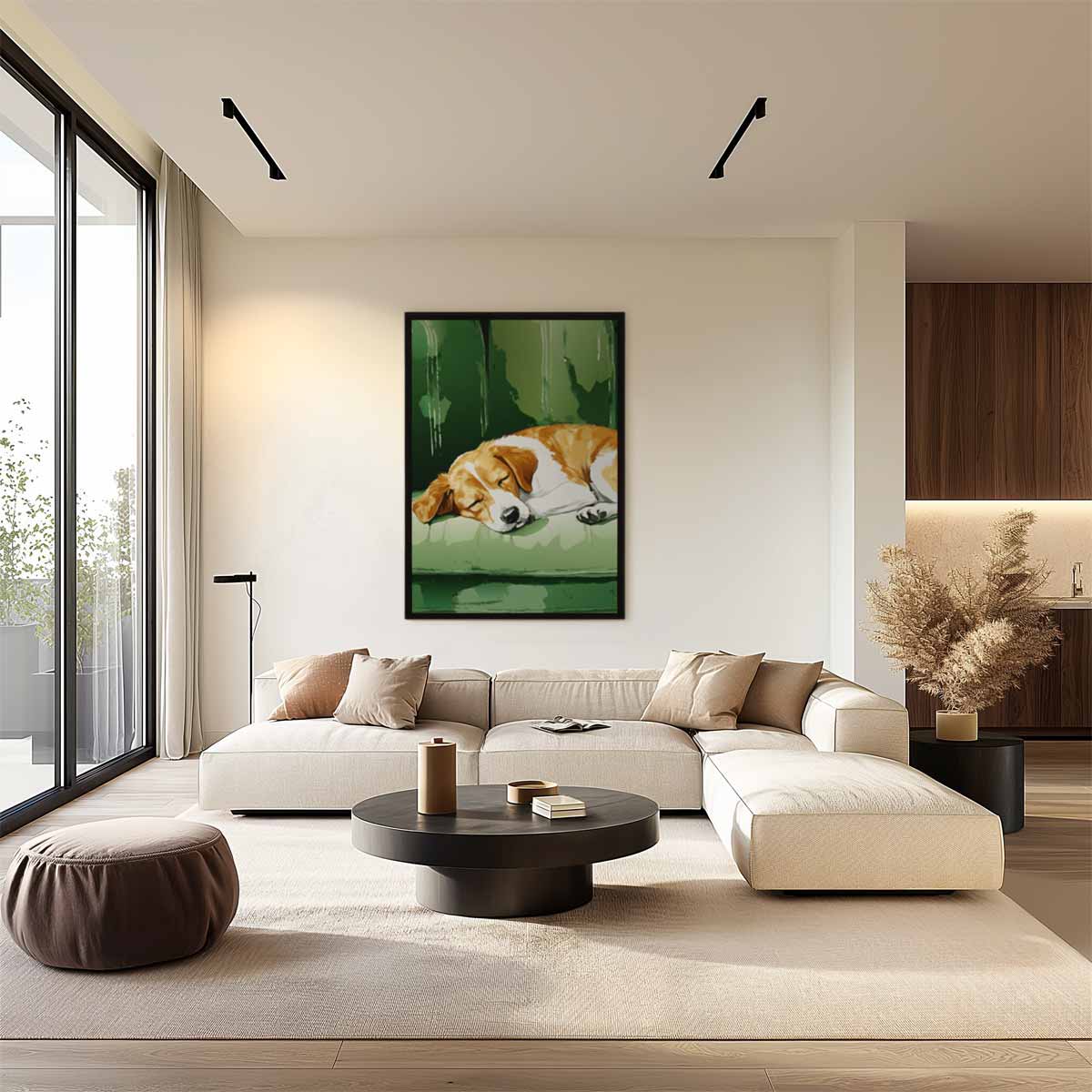 Slapende Beagle op Groene Bank Kunstwerk-canvas-dibond-plexiglas-wanddecoratie-WallArtistic