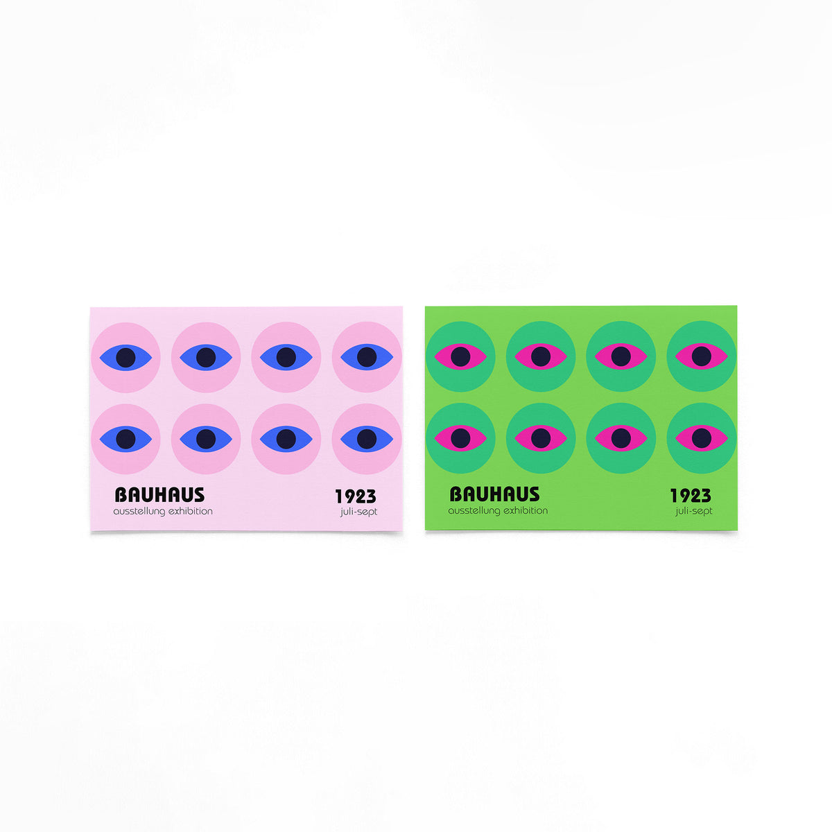 Twee landscape posters met herhalende ogen in kleur als vrijstaande productfoto