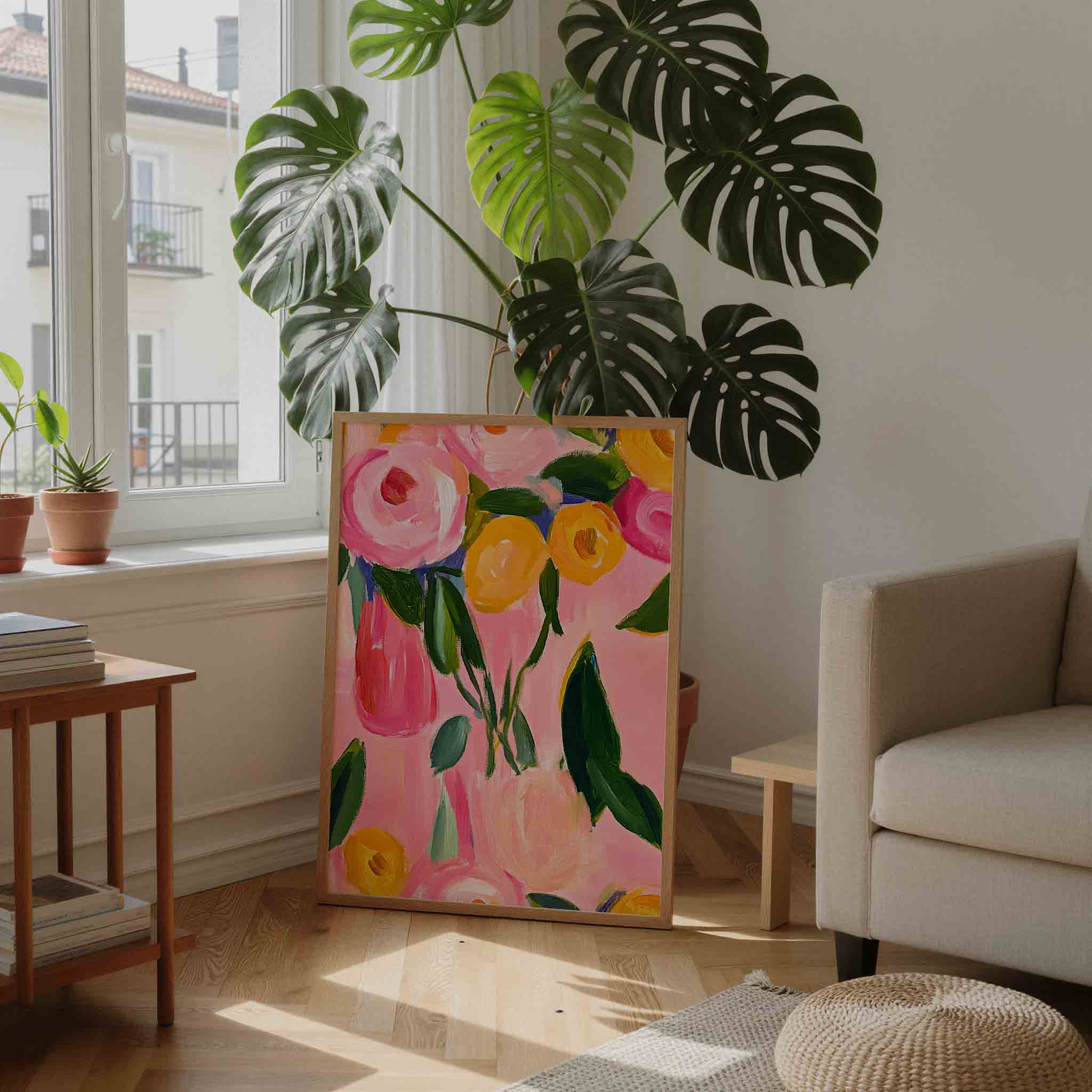 Bloemen in roze en geel Poster