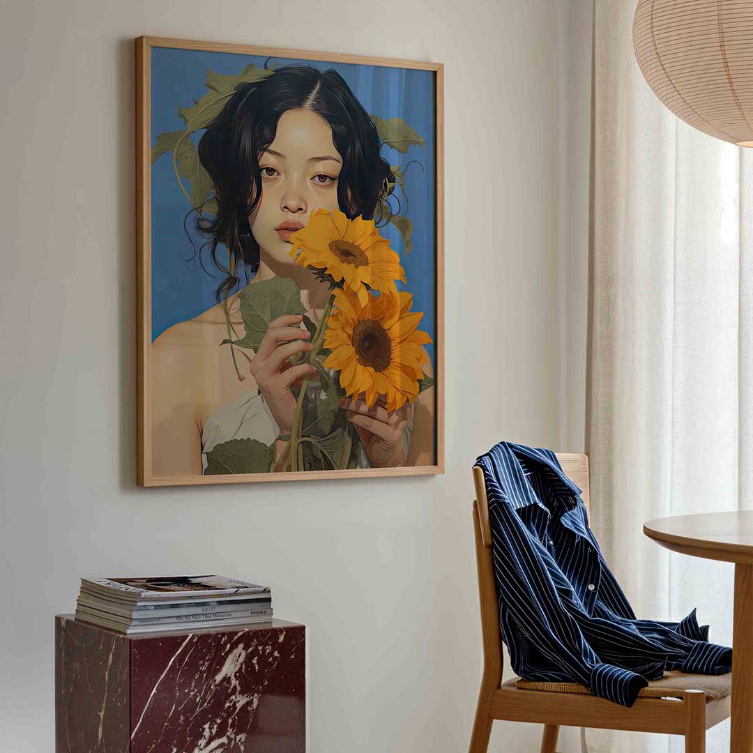 Vrouw met zonnebloemen Poster
