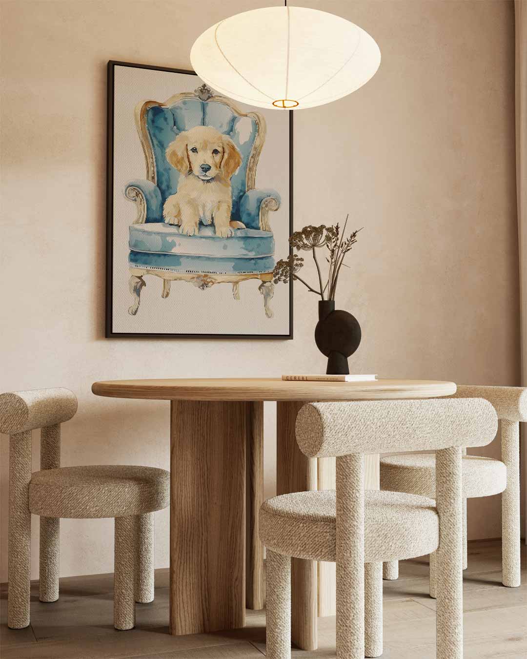 Koninklijk Hondje op Blauw Stoeltje Kunstwerk-canvas-dibond-plexiglas-wanddecoratie-WallArtistic