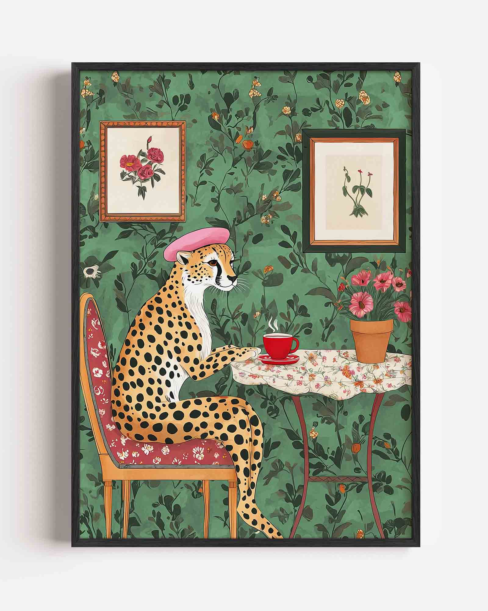 Cheetah met hoed en thee Poster