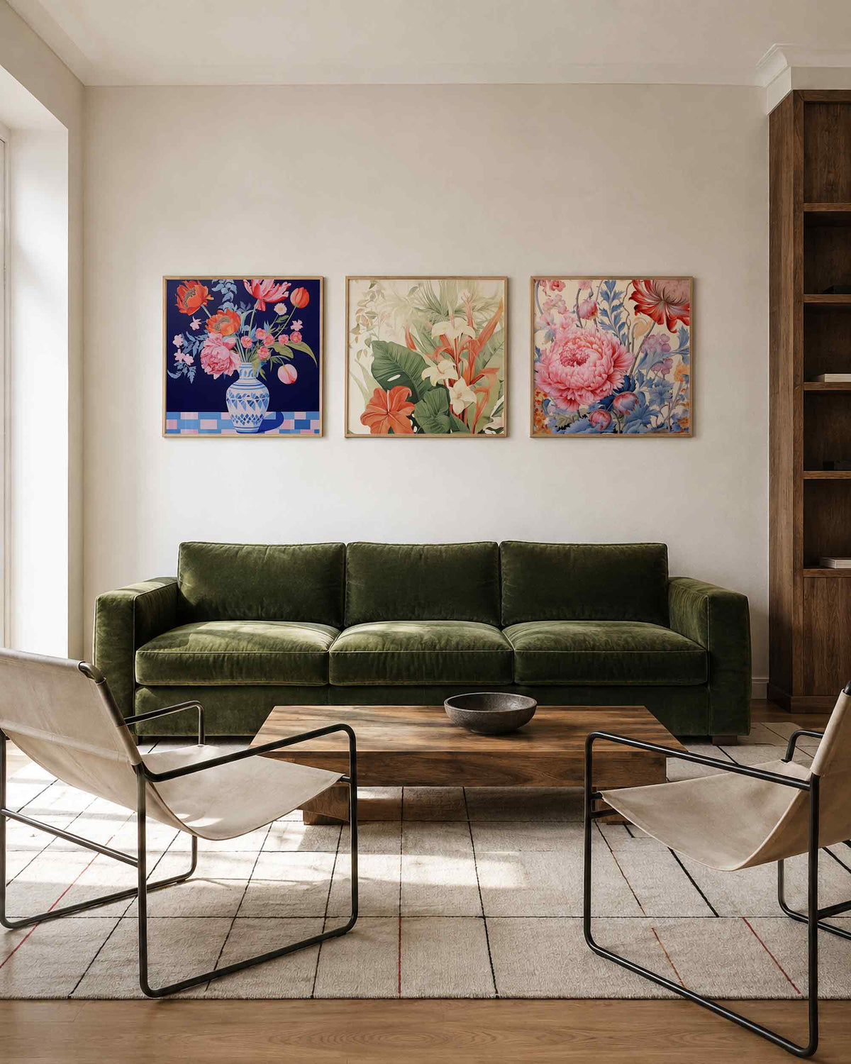Interieurpresentatie van een driedelige vierkante posterset met kleurrijke bloemen