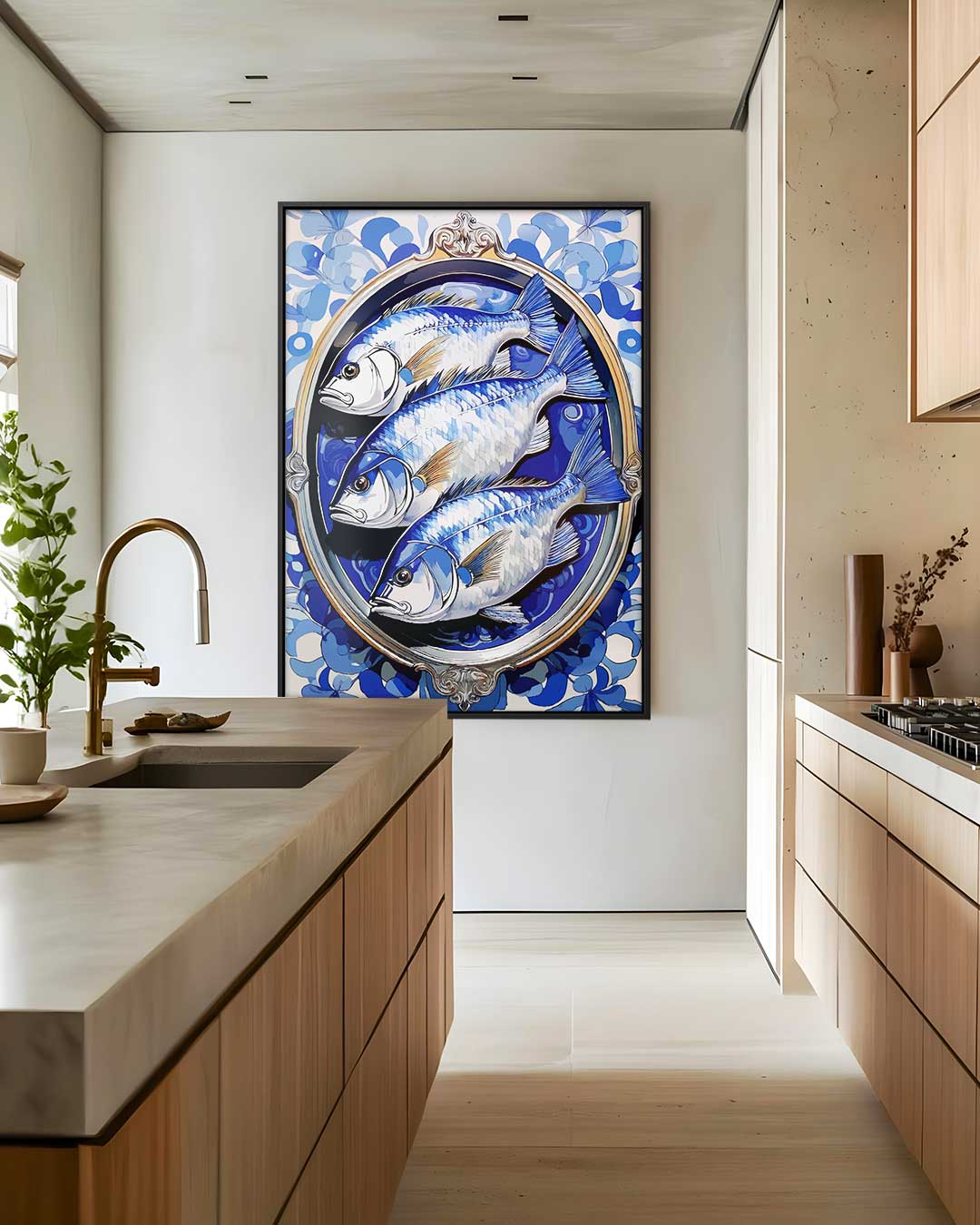 Blauwe Vissen in Vintage Frame Kunstwerk-canvas-dibond-plexiglas-wanddecoratie-WallArtistic