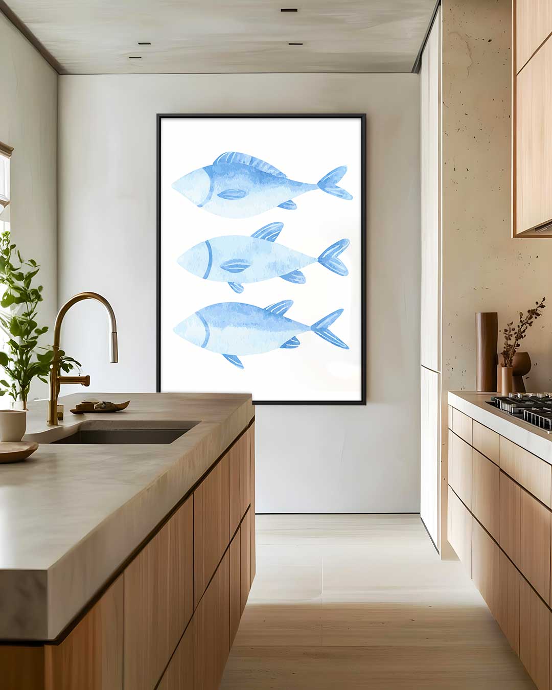 Blauw Waterverf Vissen Trio Kunstwerk-canvas-dibond-plexiglas-wanddecoratie-WallArtistic