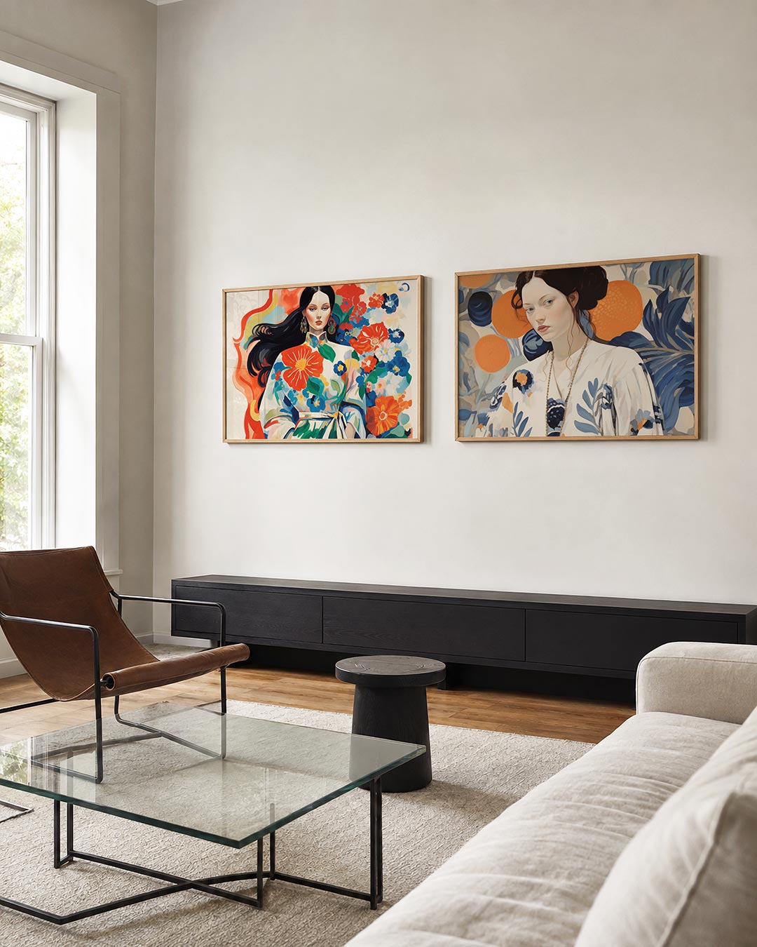 Tweedelige posterset met een vrouw omringd door levendige bloemen, getoond in een interieur