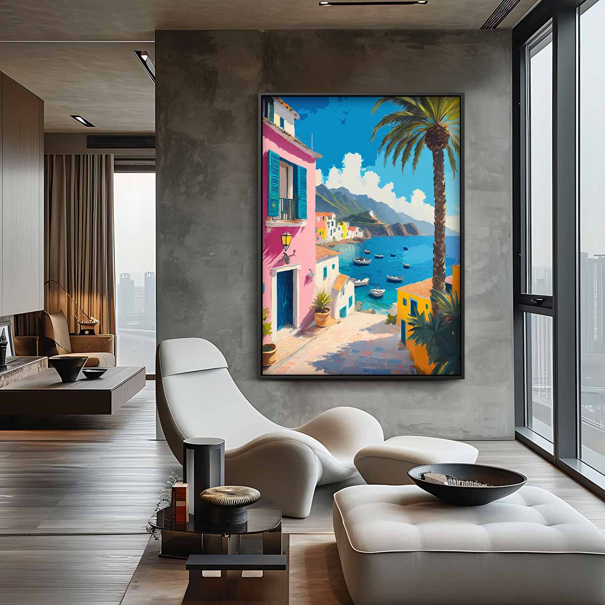 Kleurrijke Italiaanse Kustdroom Kunstwerk-canvas-dibond-plexiglas-wanddecoratie-WallArtistic