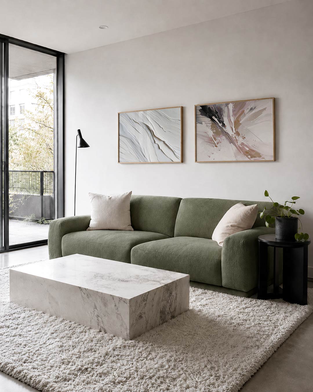 Twee liggende posters met golvende witte structuren, aan de muur in een interieur