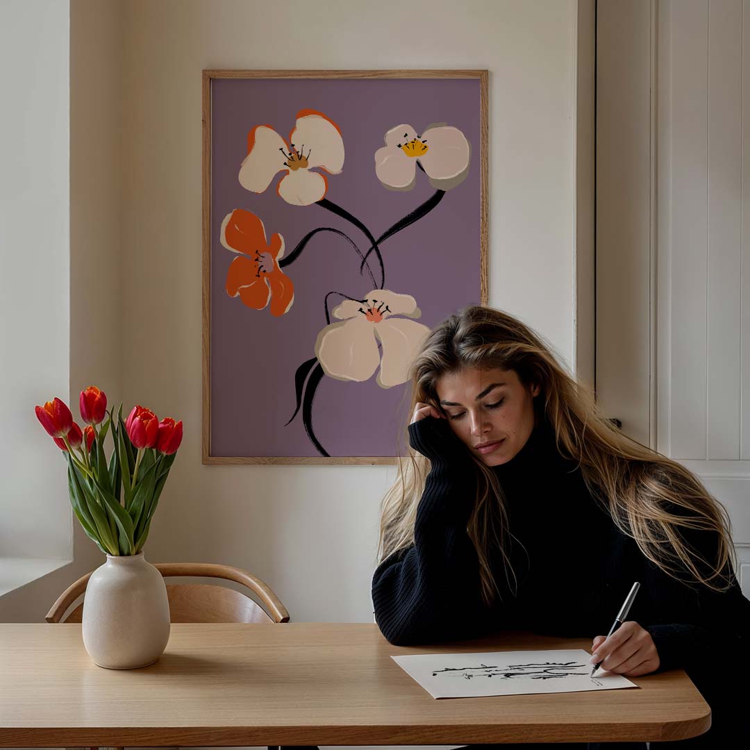Bloemenpracht op Paarse Achtergrond Poster-WallArtistic