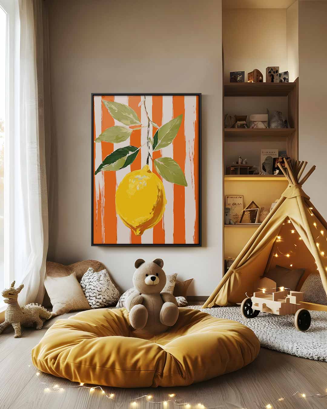Frisse Citroen op Oranje Kunstwerk-canvas-dibond-plexiglas-wanddecoratie-WallArtistic