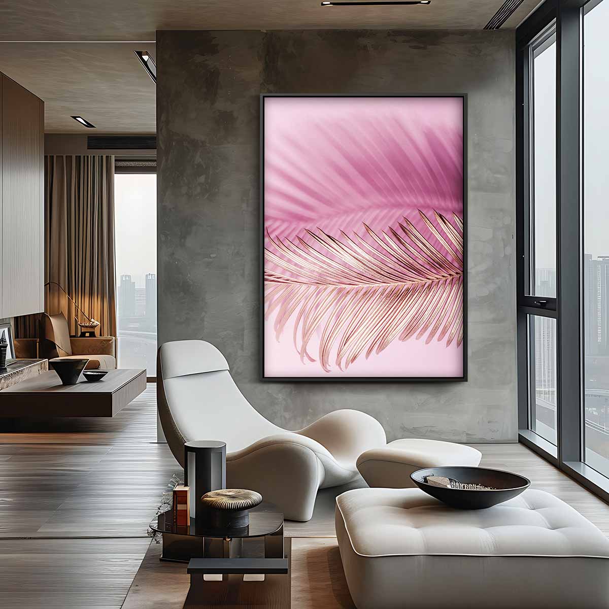 Roze Dromerige Palmblad Kunstwerk-canvas-dibond-plexiglas-wanddecoratie-WallArtistic