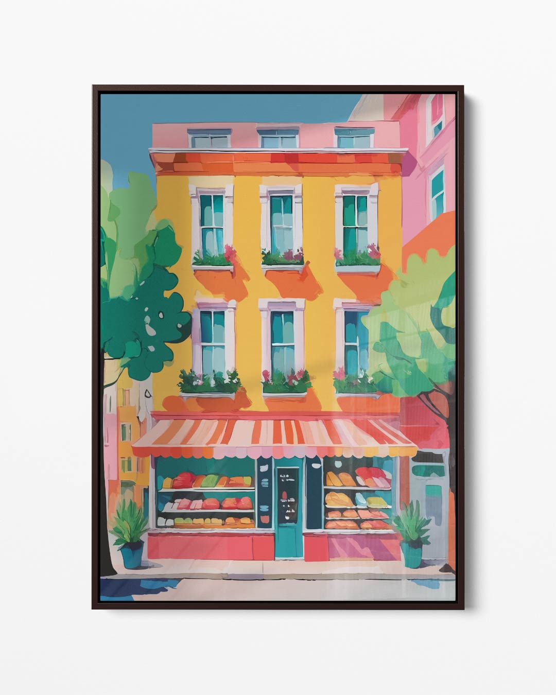 Kleurrijke Buurtbistro Voorgevel Kunstwerk-canvas-dibond-plexiglas-wanddecoratie-WallArtistic
