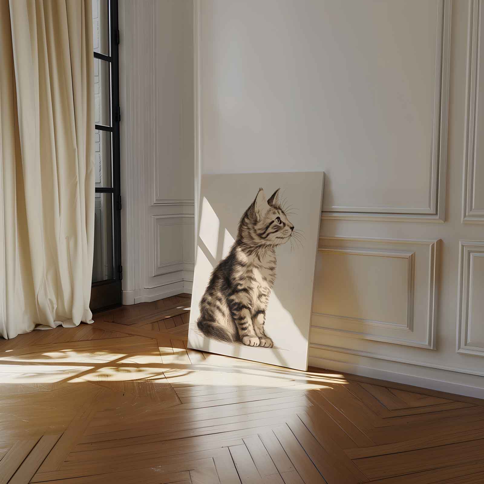 Dromerige Kat in Potlood Kunstwerk-canvas-dibond-plexiglas-wanddecoratie-WallArtistic