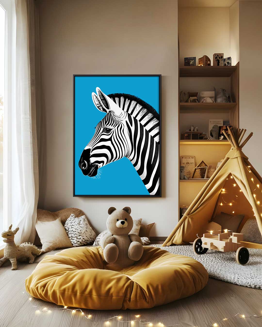 Zebra in het Blauw Kunstwerk-canvas-dibond-plexiglas-wanddecoratie-WallArtistic