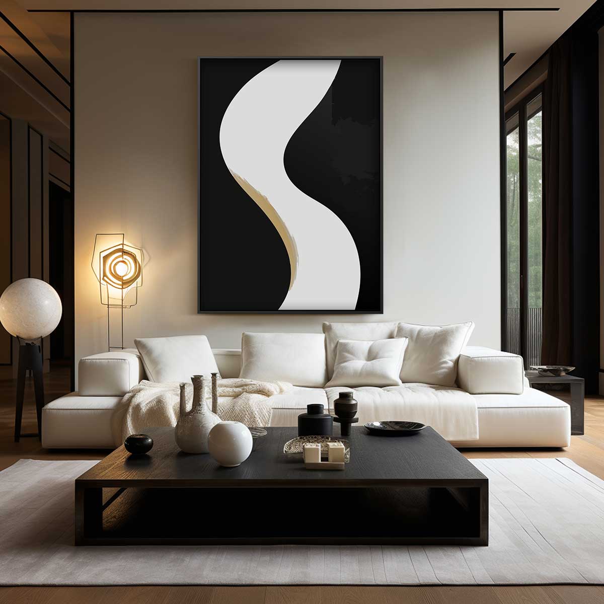 Golvende Sfeer in Zwart en Wit Kunstwerk-canvas-dibond-plexiglas-wanddecoratie-WallArtistic