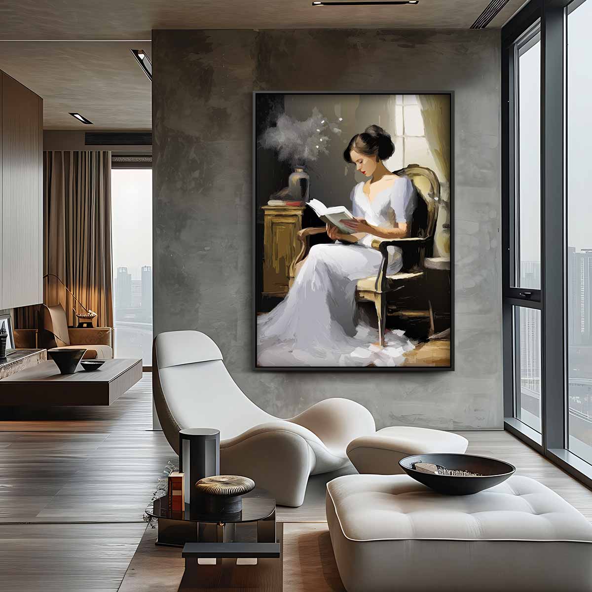 Vrouw Leest Boek aan het Raam Kunstwerk-canvas-dibond-plexiglas-wanddecoratie-WallArtistic