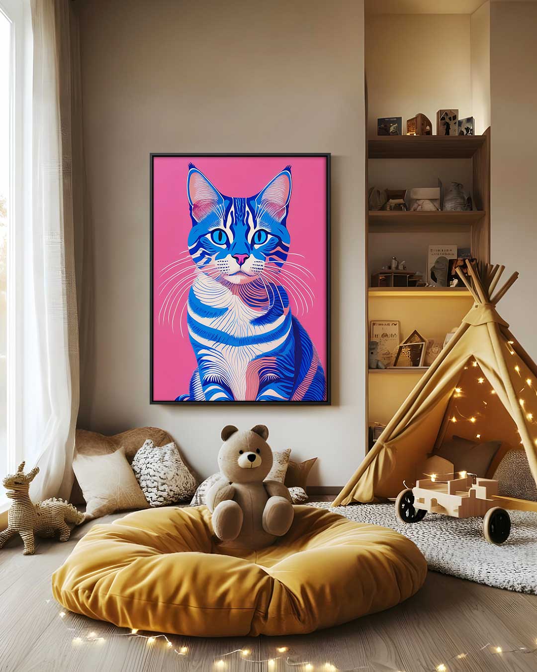 Blauw en Roze Kat Portret Kunstwerk-canvas-dibond-plexiglas-wanddecoratie-WallArtistic