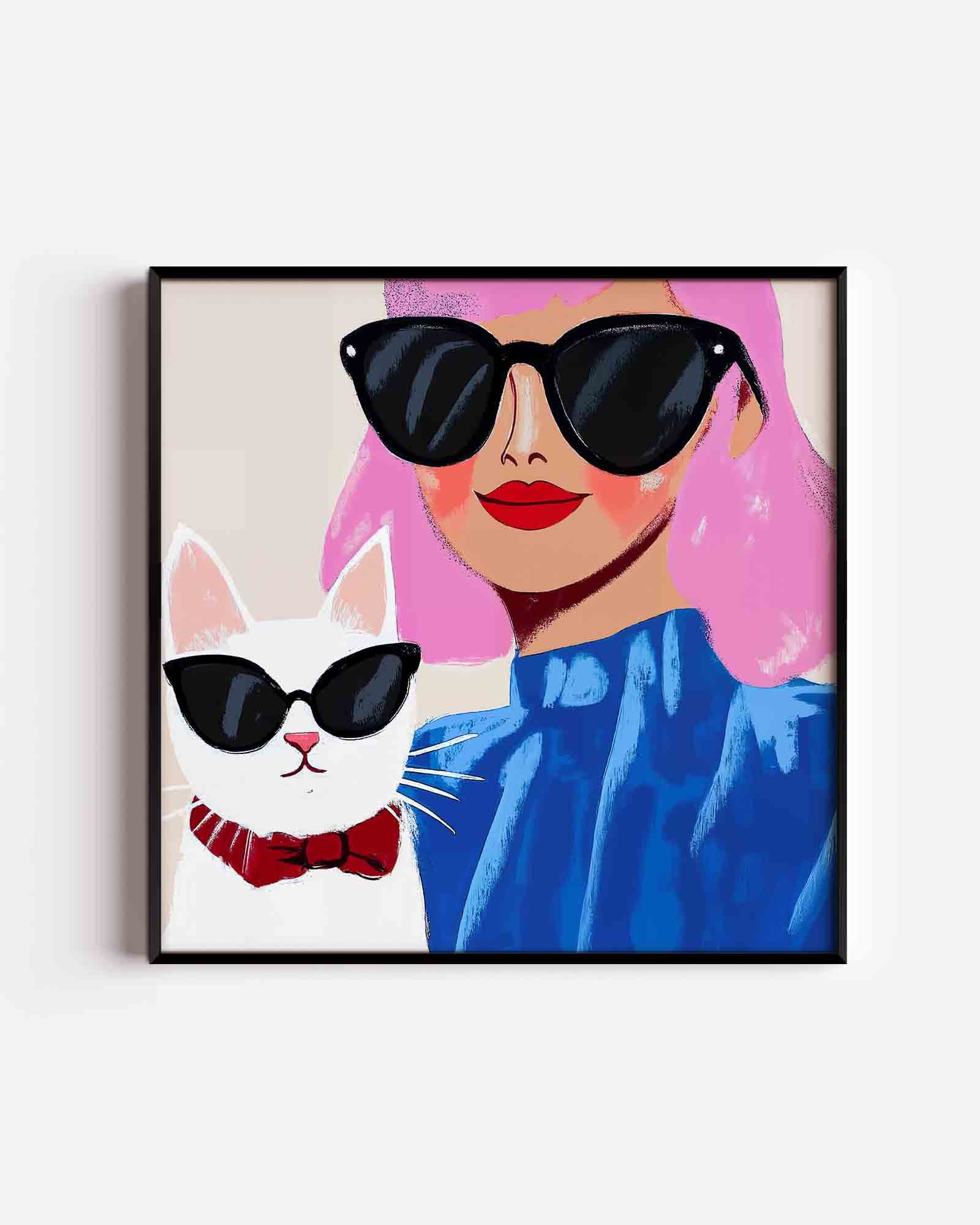 Vrouw en kat met zonnebrillen Poster