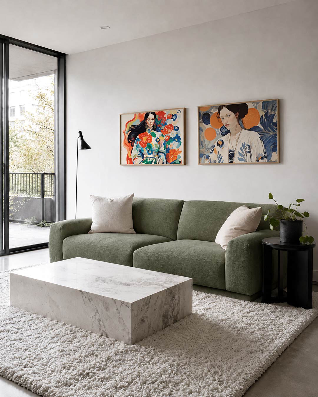 Interieurpresentatie van twee posters met een vrouw omringd door levendige bloemen