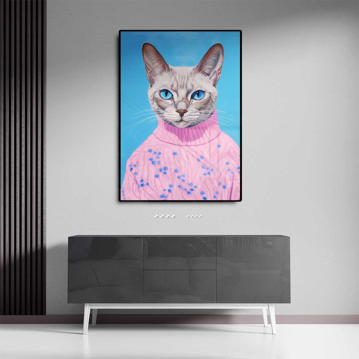 Kat in Roze Trui Portret Kunstwerk-canvas-dibond-plexiglas-wanddecoratie-WallArtistic