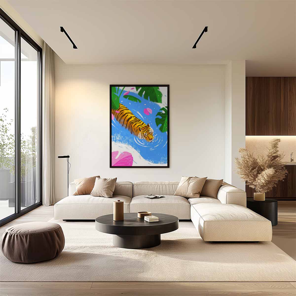 Zwemmende Tijger in Tropisch Water Kunstwerk-canvas-dibond-plexiglas-wanddecoratie-WallArtistic