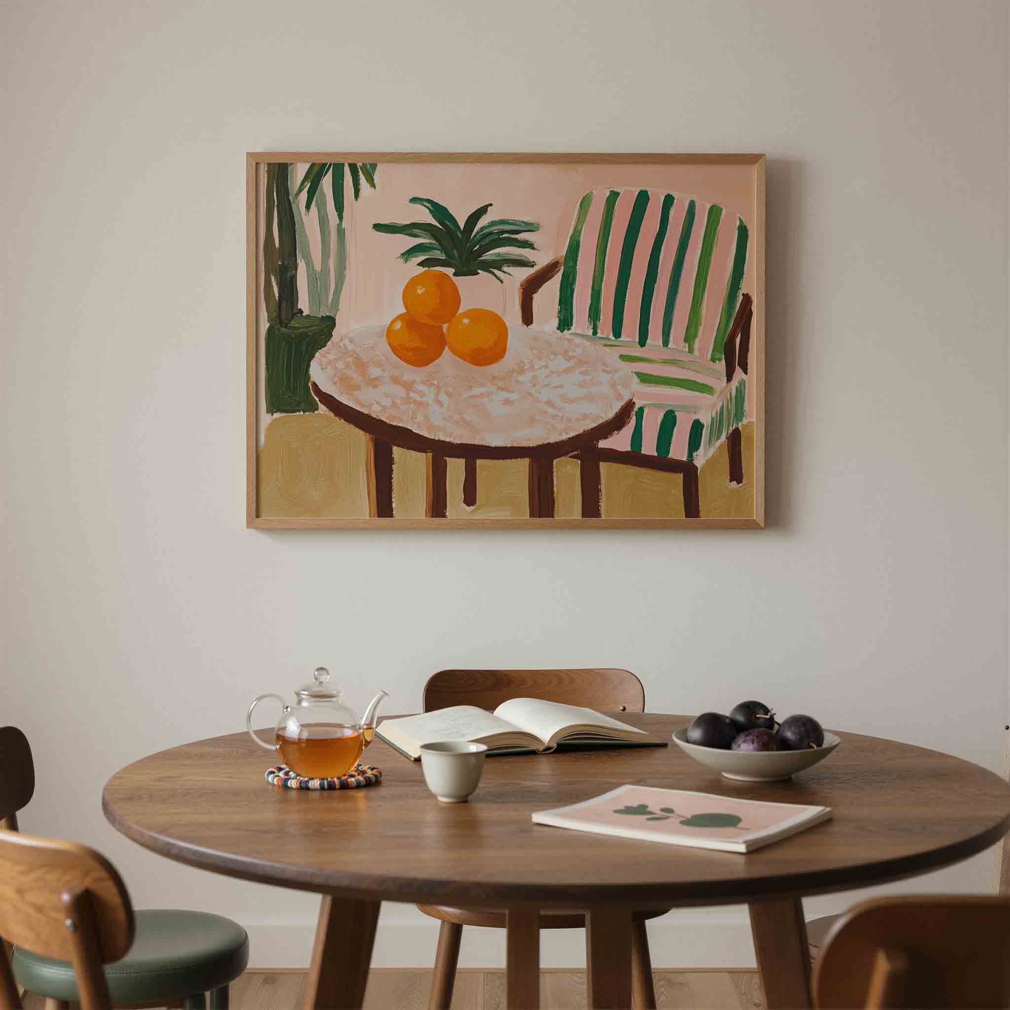 Oranje fruit en gestreepte stoel Poster