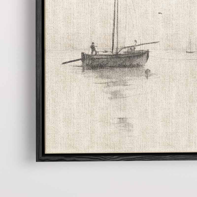 Rustige Zeilboten op Mistige Zee Kunstwerk-canvas-dibond-plexiglas-wanddecoratie-WallArtistic