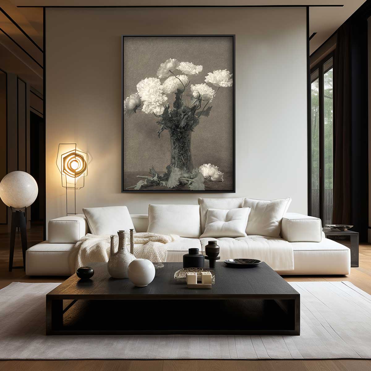Witte Bloemenpracht in Glazen Vaas Kunstwerk-canvas-dibond-plexiglas-wanddecoratie-WallArtistic